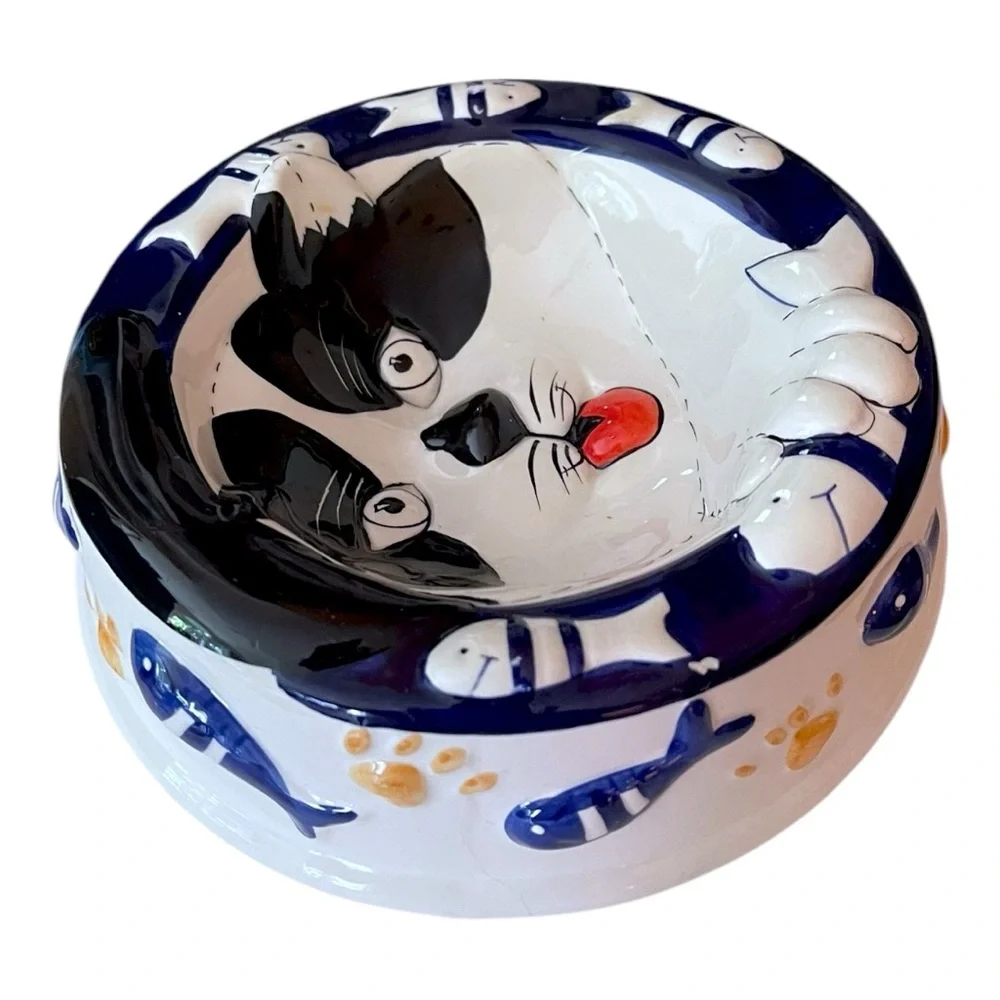 NEW Vtg Baum Bros. Hand Painted Ceramic 3D Fish & Paws Kitty Cat Food/Dish Bowl